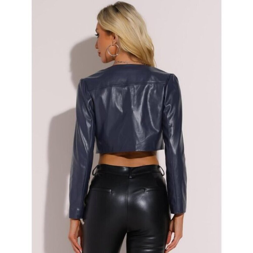 ⭐ Allegra K Women's PU Leather Crop Jacket Open Front Long Sleeve Chic Coat - Picture 3 of 5